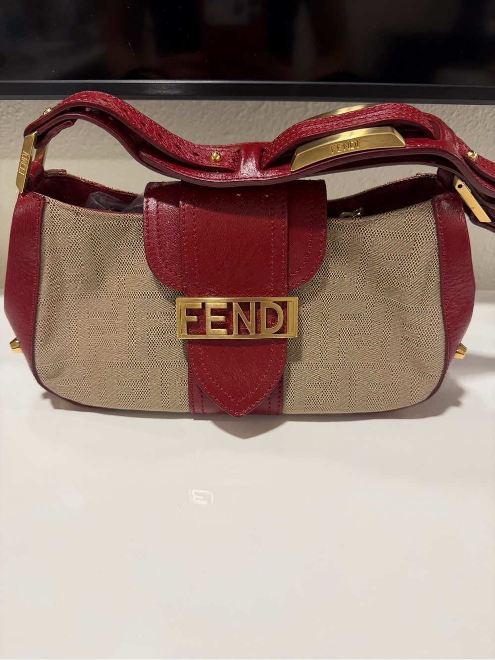 Vintage Fendi Beige Monogram Canvas Shoulder Bag with Red Leather Trim